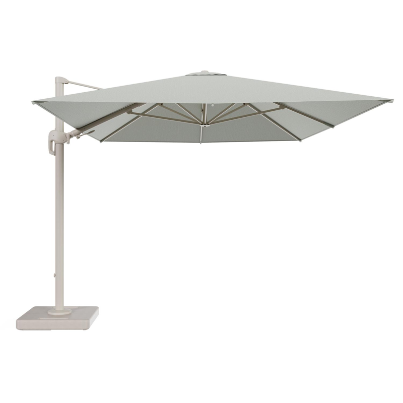 Rufina zweefparasol tiltfunctie in beige aluminium en parasoldoek in All Weather Sunbrella® Luxe Slow Spirea - L1 400 x L2 300 cm met parasolvoet Lapido 160 kg
