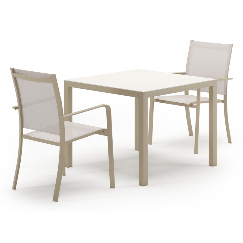Ensemble de jardin Feltro en aluminium beige et sintered stone crema minerale avec 2 chaises de jardin empilable Calobra