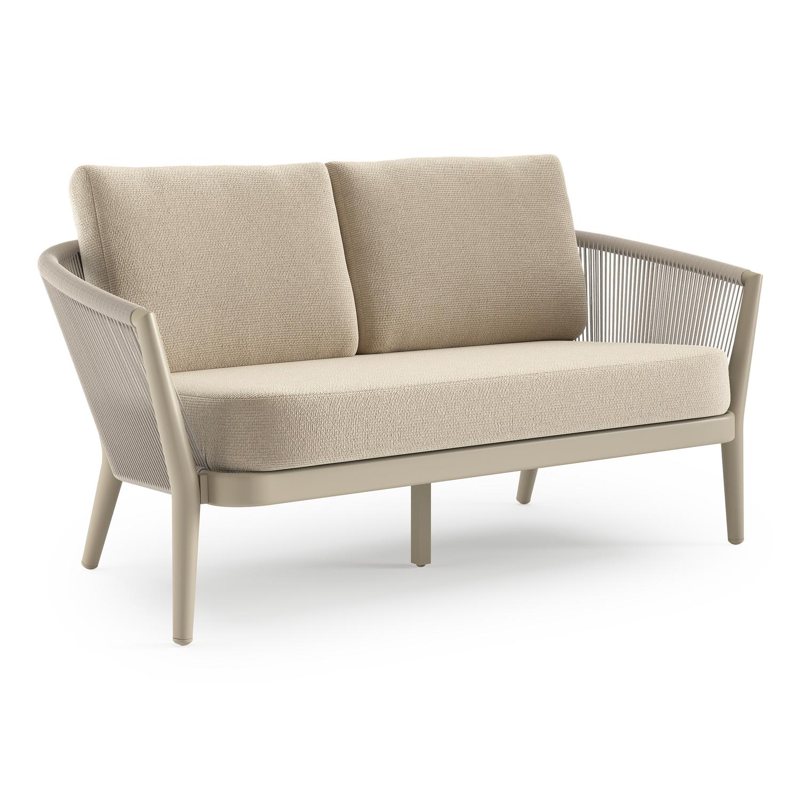 Orso loungebank in beige aluminium en beige verticaal geweven ronde rope met Althea Chalk all weather cosytica kussen