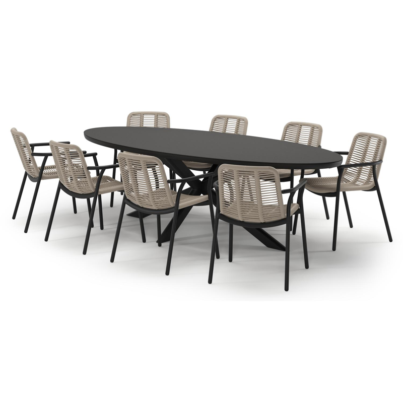 Pamplona tuinset in zwart aluminium en notte minerale sintered stone met 8 stapelbare Berga tuinstoelen