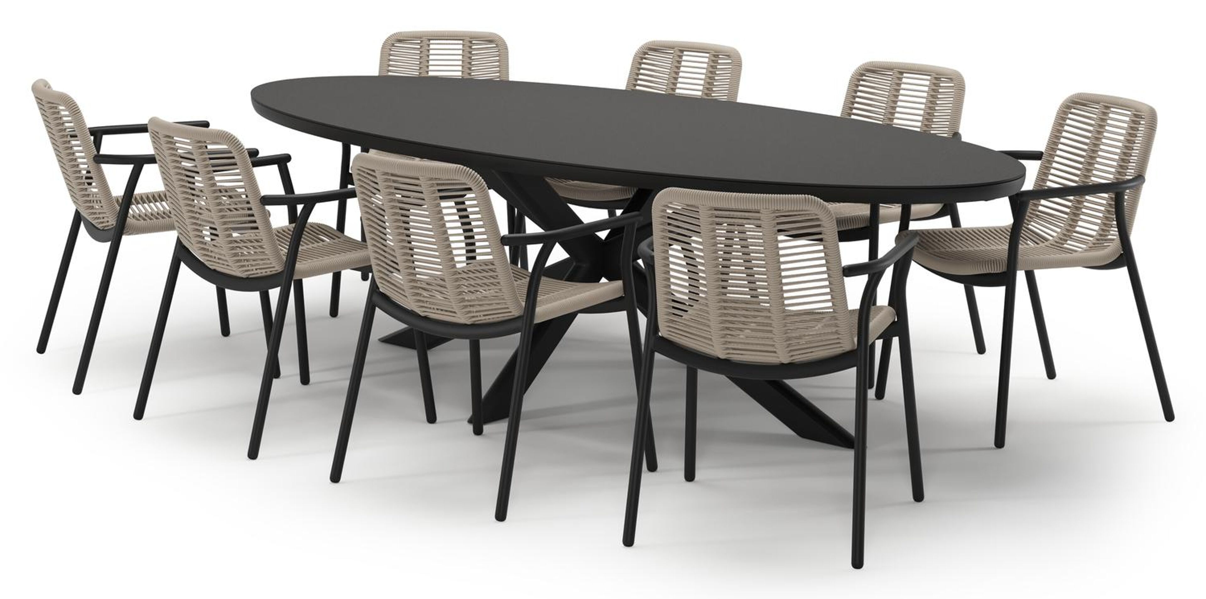 Pamplona tuinset in zwart aluminium en notte minerale sintered stone met 8 stapelbare Berga tuinstoelen
