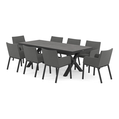 Reza tuinset in zwart aluminium en grijs volkeramiek tafelblad met 8 Rivo tuinstoelen