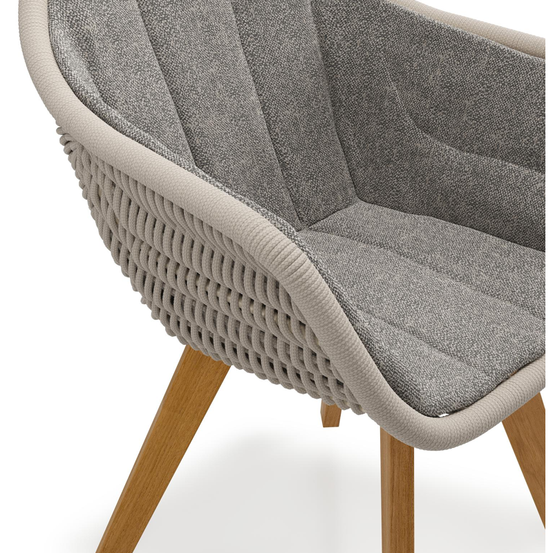 Pagino tuinstoel in teak en beige verticaal geweven ronde rope met zitkussen in All Weather Sunbrella® Luxe Chartres Drizzle