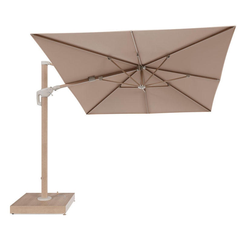Minore zweefparasol met tiltfunctie in houtlook aluminium en Natte Linen Chalk All Weather Sunbrella® Luxe parasoldoek - L1 400 x L2 300 cm met parasolvoet Minore 260 kg met wielen