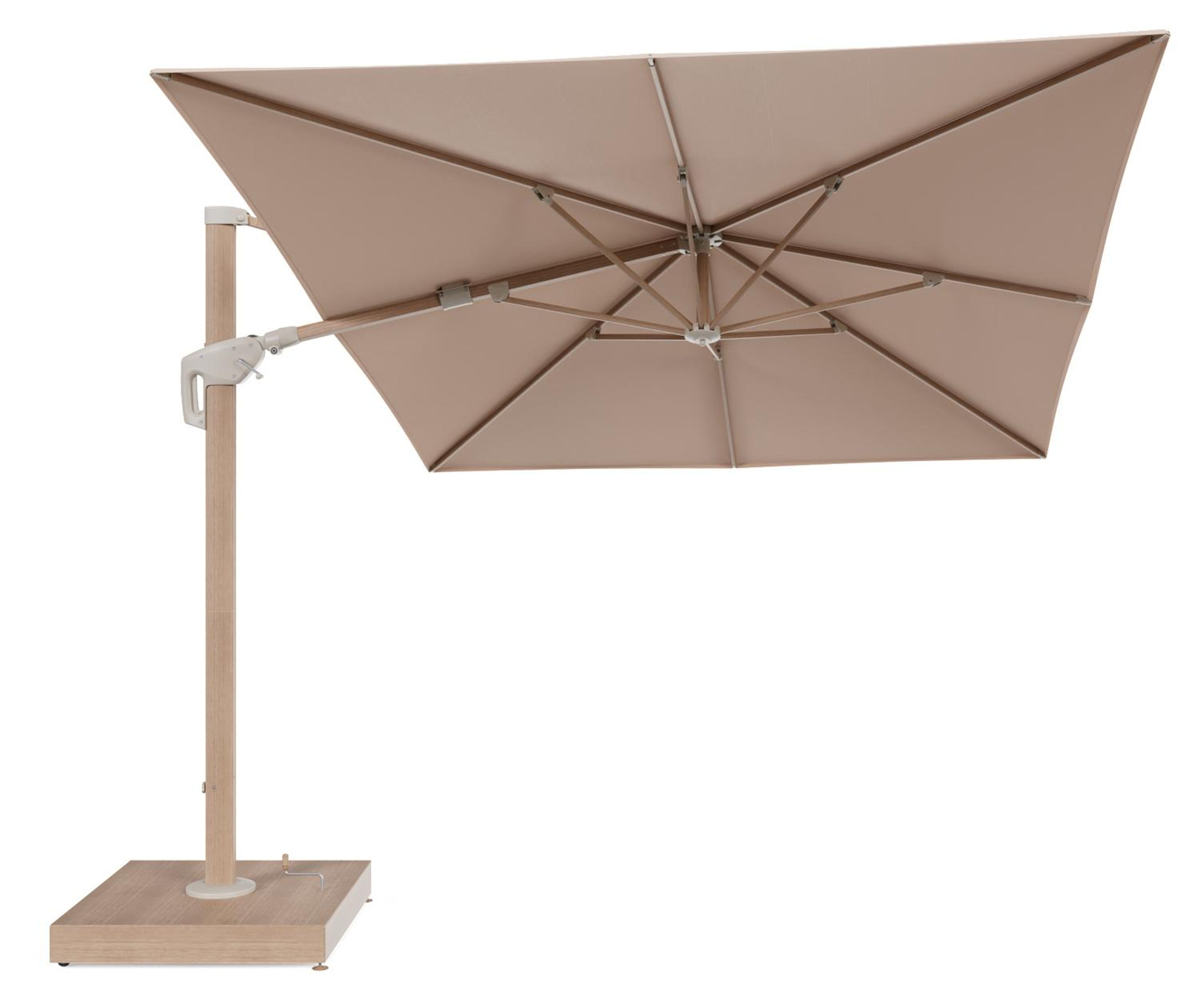 Minore zweefparasol met tiltfunctie in houtlook aluminium en Natte Linen Chalk All Weather Sunbrella® Luxe parasoldoek - L1 400 x L2 300 cm met parasolvoet Minore 260 kg met wielen