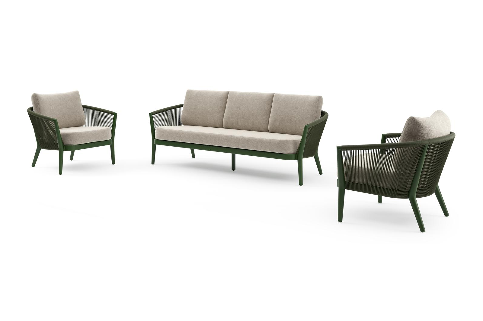 Salon de jardin Orso en aluminium vert en corde ronde tissée verticalement vert et coussins en all weather cosytica Catania Greige