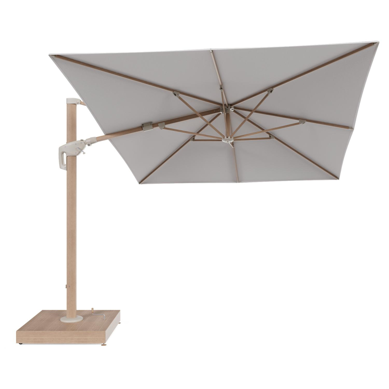 Minore zweefparasol met tiltfunctie in houtlook aluminium en Ego Eggshell All Weather Solica parasoldoek - L1 400 x L2 300 cm met parasolvoet Minore 260 kg met wielen