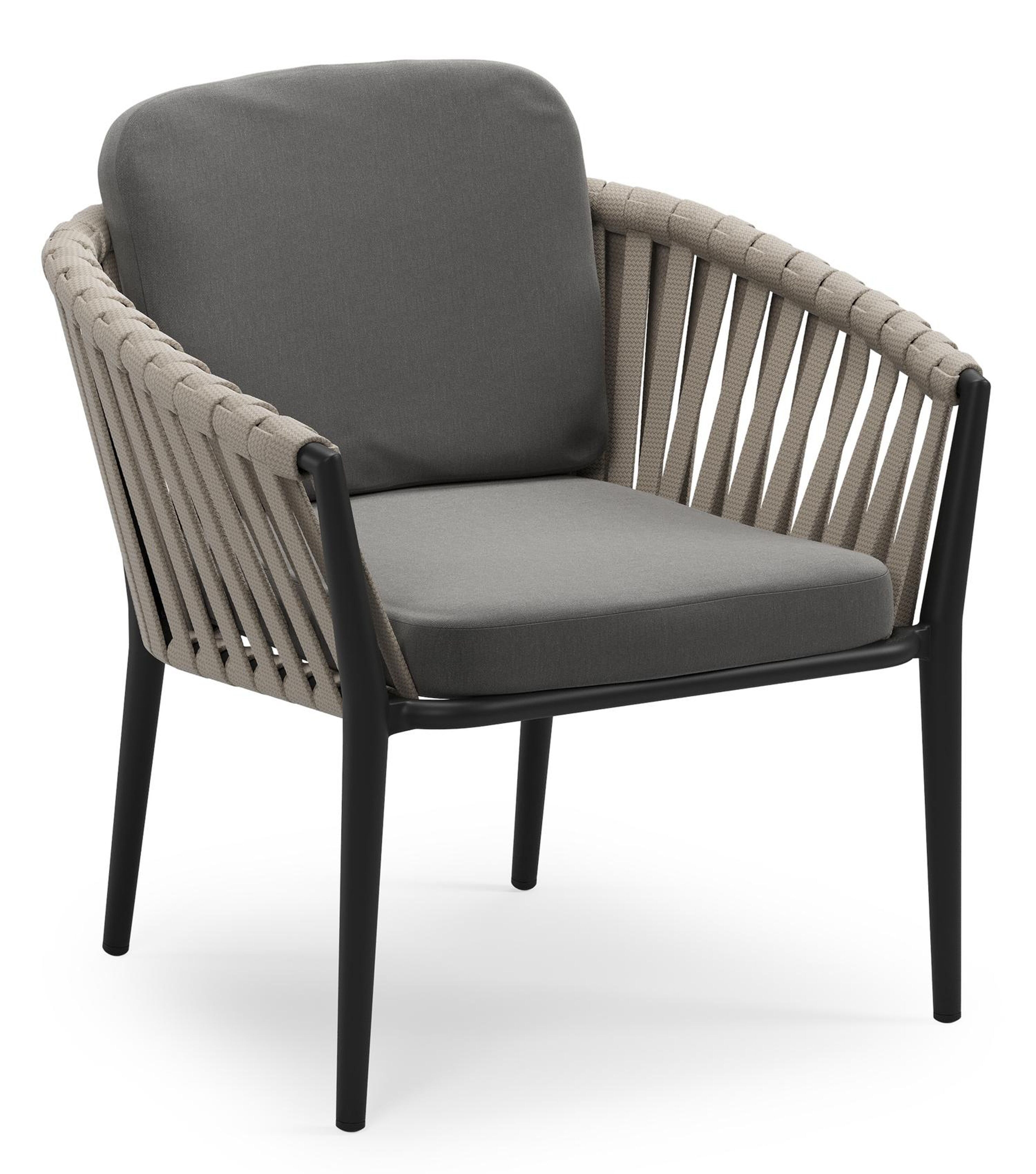 Orso low dining tuinstoel in zwart aluminium en beige verticaal geweven luxe vlakke brede rope met stoelkussen in All Weather Sunbrella® Luxe Natte Charcoal Chine