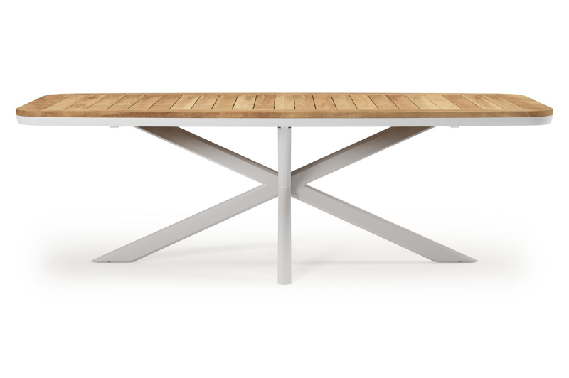 Pamplona bootvormige tuinset in wit aluminium en teak natural finish met 6 Matera tuinstoelen