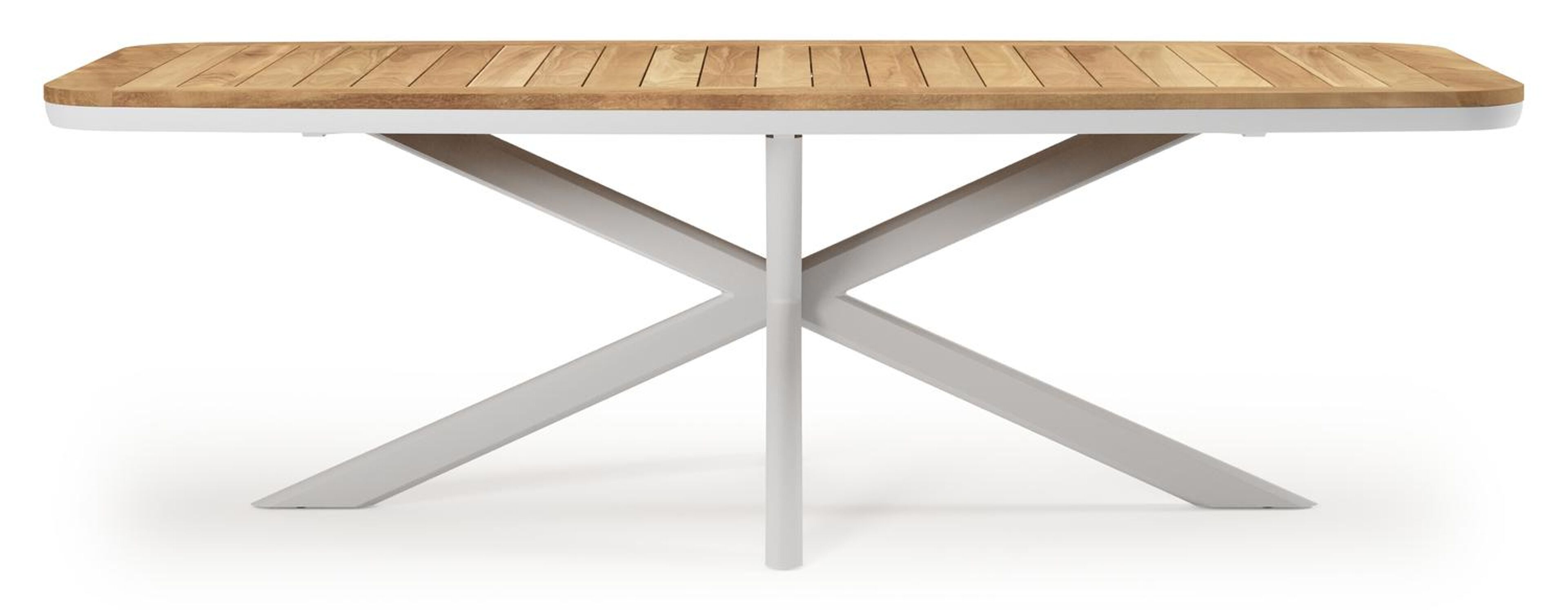 Pamplona bootvormige tuinset in wit aluminium en teak natural finish met 6 Matera tuinstoelen