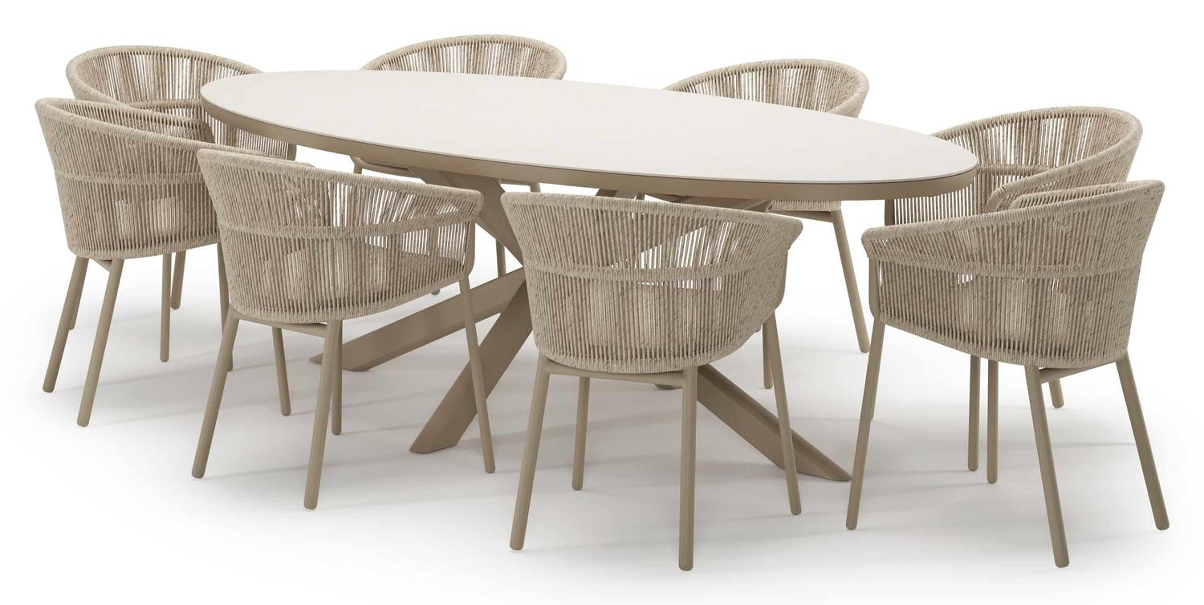 Pamplona tuinset in beige aluminium en crema minerale sintered stone met 8 stapelbare Matera tuinstoelen