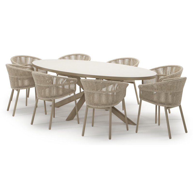Pamplona tuinset in beige aluminium en crema minerale sintered stone met 8 stapelbare Matera tuinstoelen