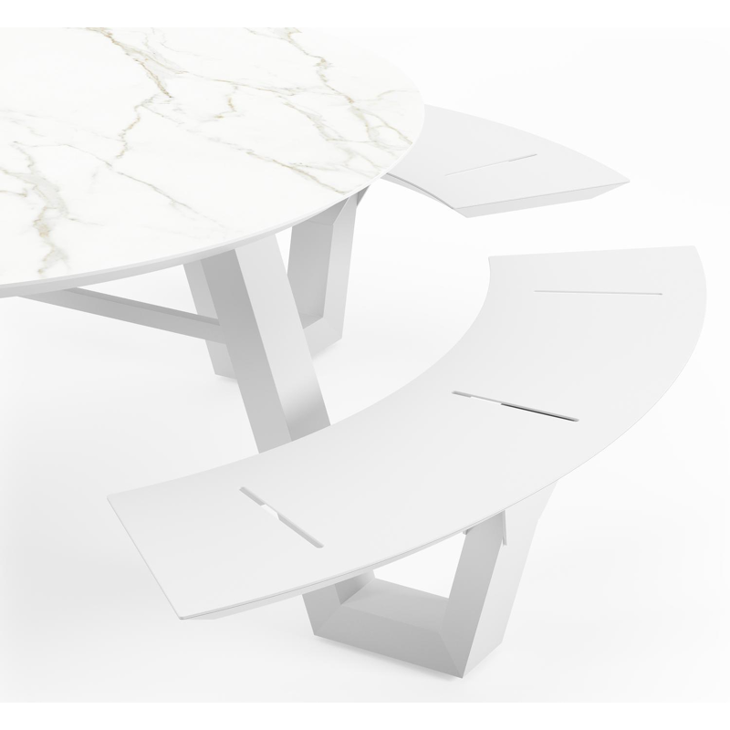 Rondino picknicktafel in wit aluminium en volkeramiek calacatta tafelblad - Ø 236 x H 71,5 cm