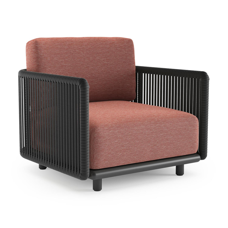 Fauteuil de jardin Organo en aluminium noir et corde luxe plate tissée verticalement noir et coussin en all weather Sunbrella® luxe slow alezan