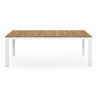 Varese tuinset in wit aluminium en naturel teak tafelblad met 6 stapelbare Bareto tuinstoelen