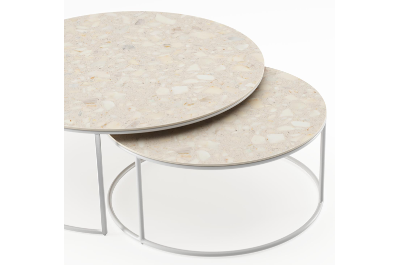 Fano loungetafels in wit aluminium en retrostone volkeramiek - Dia. 85/65 x H 35/30 cm