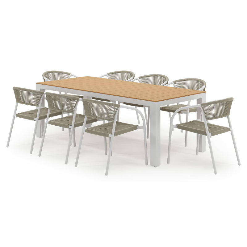 Calzo tuinset in wit aluminium en polywood met 8 stapelbare Melo tuinstoelen