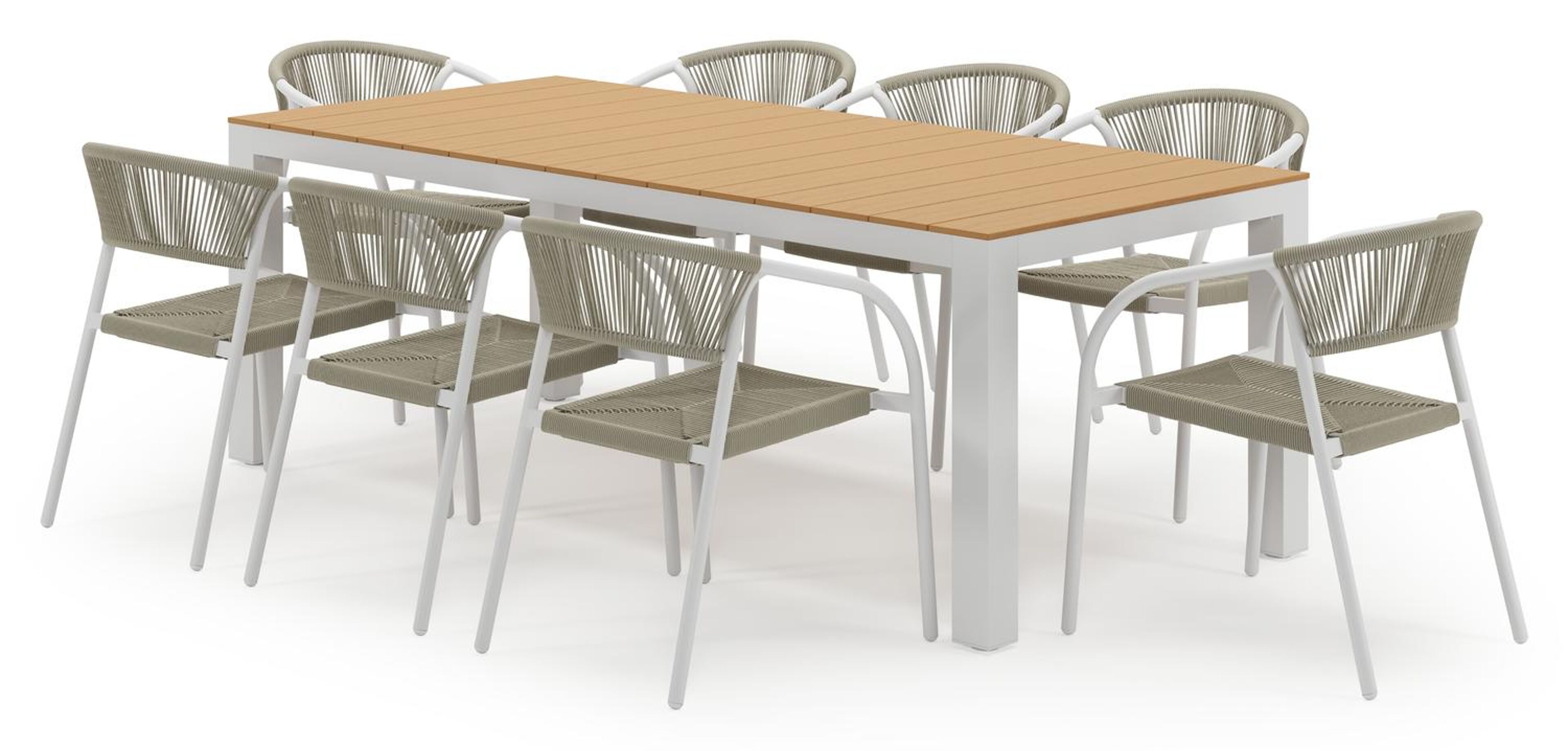 Calzo tuinset in wit aluminium en polywood met 8 stapelbare Melo tuinstoelen