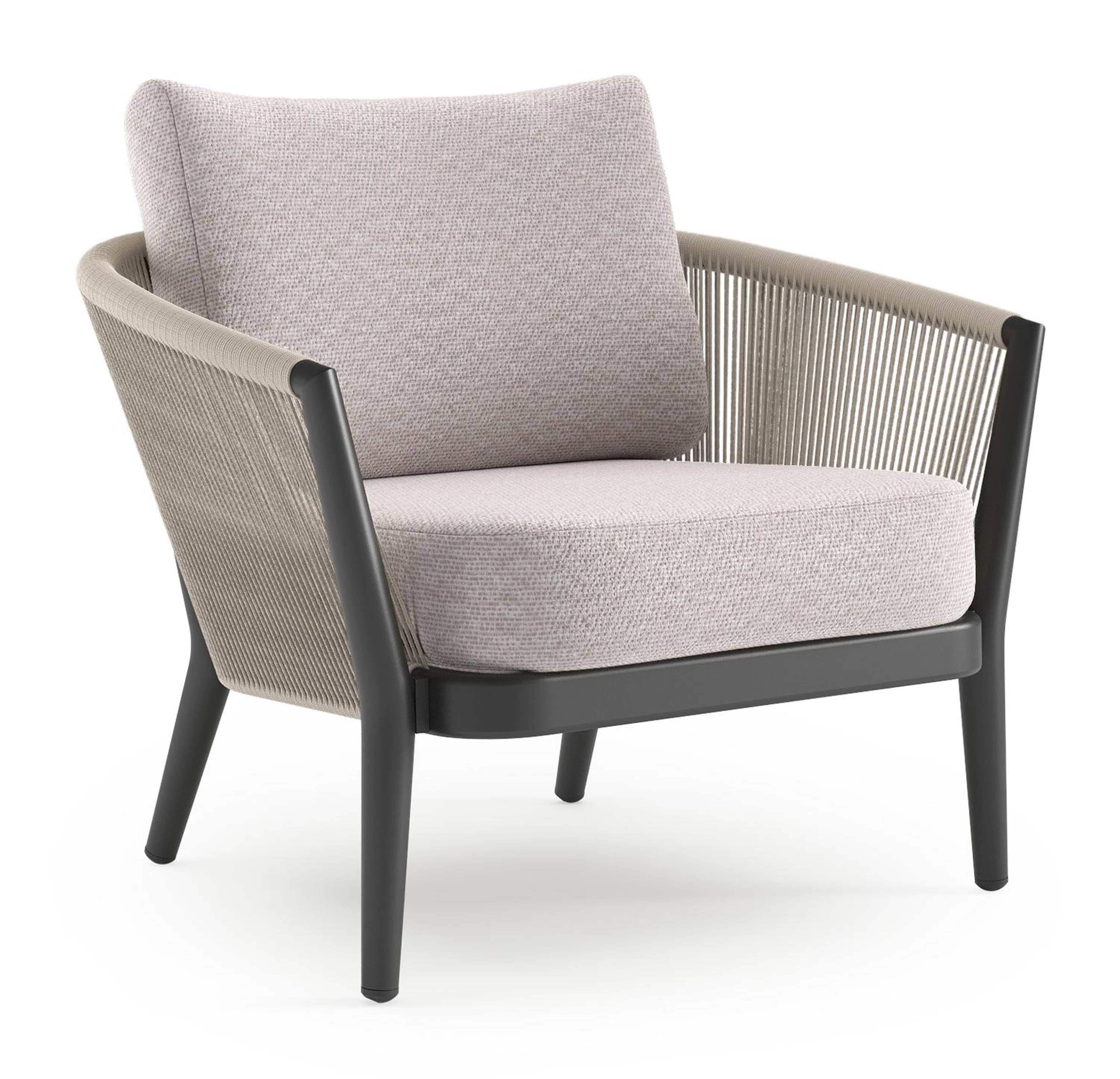 Orso loungestoel in zwart aluminium en beige verticaal geweven ronde rope met Wander Gobi all weather sunbrella® luxe kussen