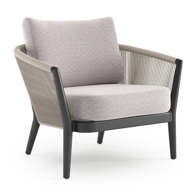 Orso loungestoel in zwart aluminium en beige verticaal geweven ronde rope met Wander Gobi all weather sunbrella® luxe kussen