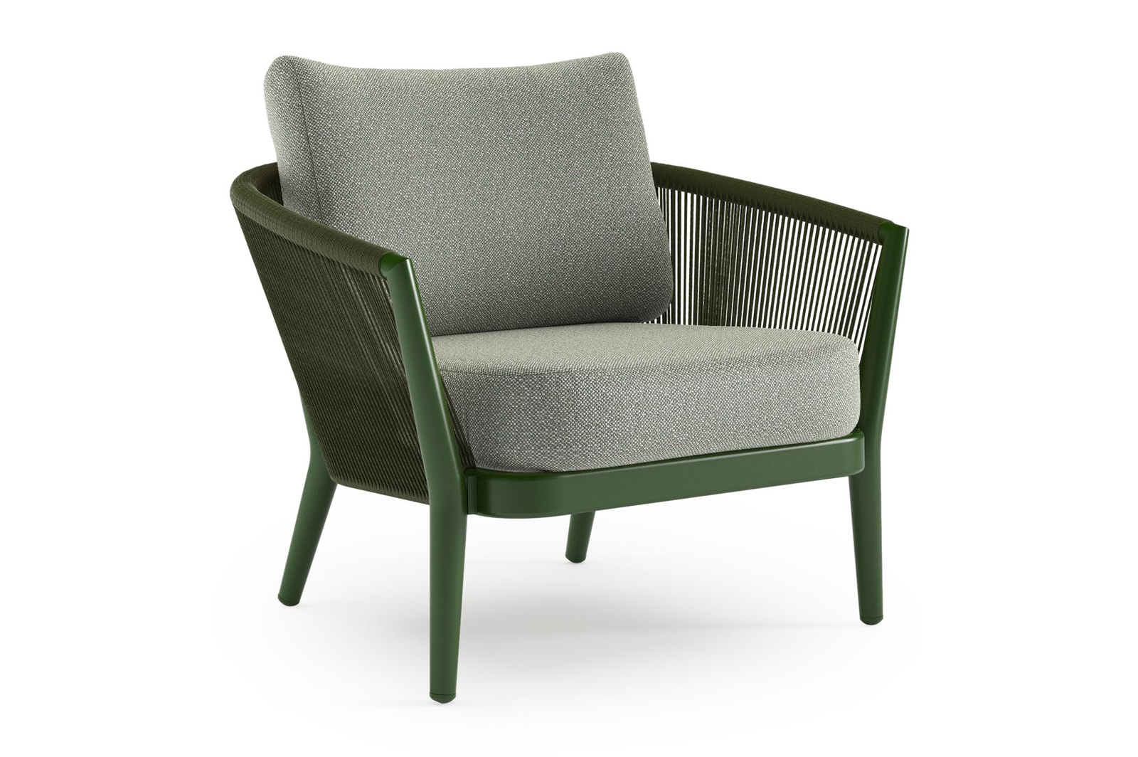 Orso loungestoel in groen aluminium en groen verticaal geweven ronde rope met Savane Leaf all weather sunbrella® luxe kussen