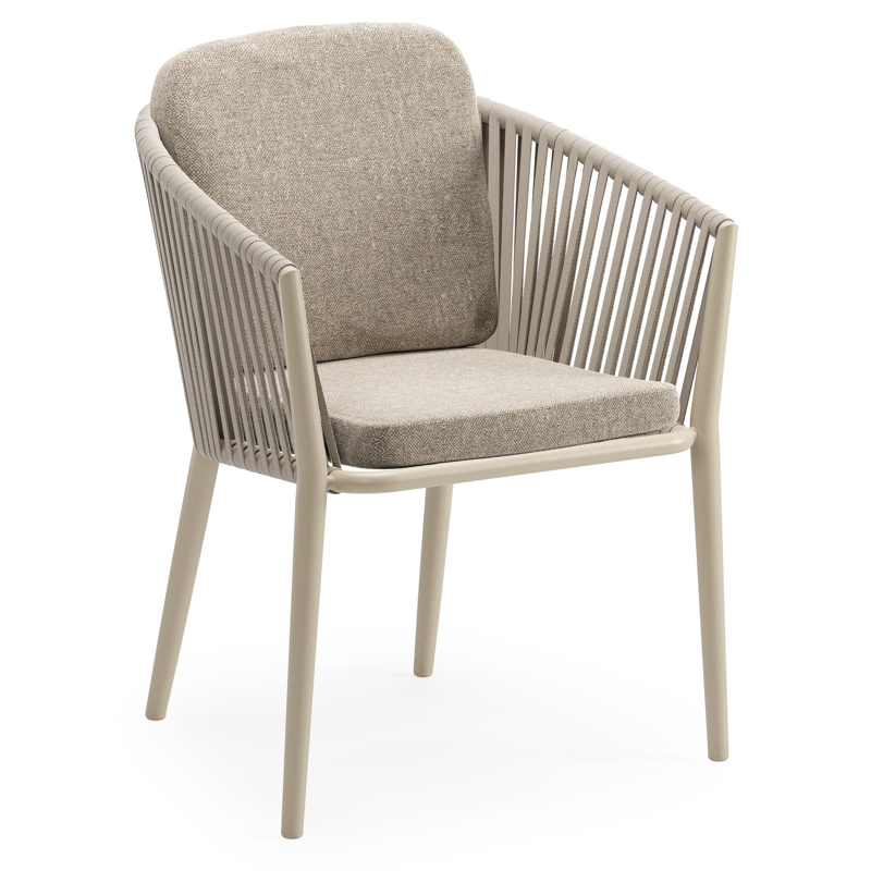 Chaise de jardin Orso en aluminium beige et corde plate tissée verticalement beige avec coussin luxe en All Weather Sunbrella® Luxe Chartres Pewter