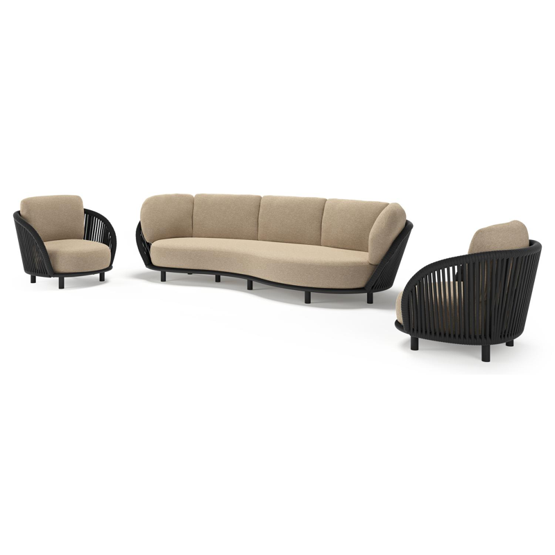 Lupino loungeset in zwart aluminium en zwart verticaal geweven luxe vlakke brede rope met madagascar oak all weather cosytica kussen