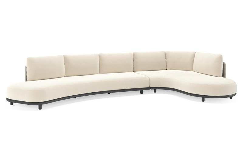 Salon de jardin d'angle Lomano en aluminium noir et corde luxe plate tissée verticalement beige et coussins en all weather cosytica Althea Off White