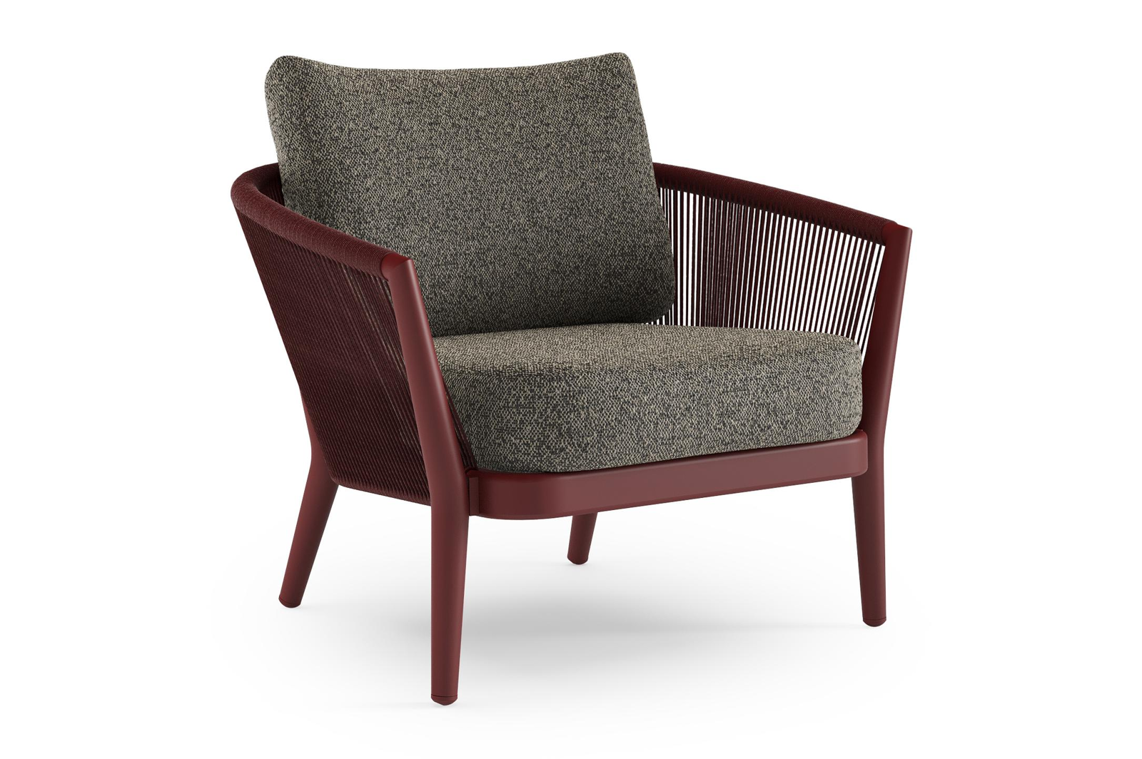 Fauteuil de jardin Orso en aluminium ruby en corde ronde tissée verticalement ruby et coussins en all weather cosytica Marbella Tunder