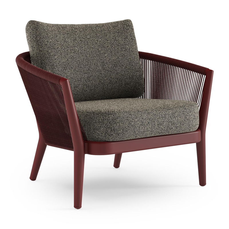 Fauteuil de jardin Orso en aluminium ruby en corde ronde tissée verticalement ruby et coussins en all weather cosytica Marbella Tunder