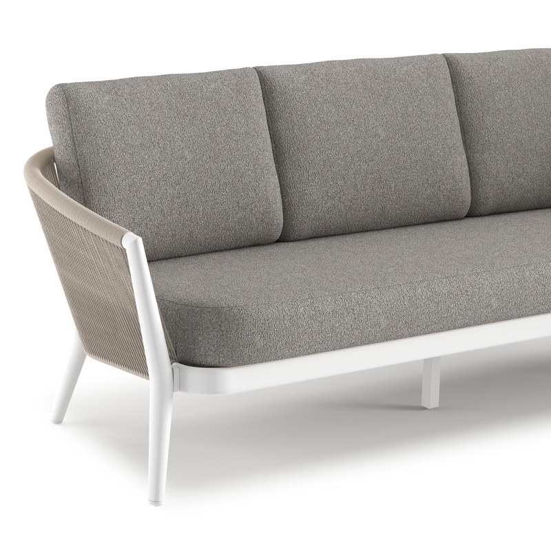 Salon de jardin Orso en aluminium blanc en corde ronde tissée verticalement beige et coussins en all weather sunbrella® luxe Tundra Charcoal