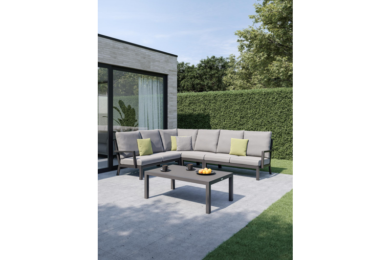 Alcudia loungehoek in zwart aluminium met grijs weather+ softtouch kussens