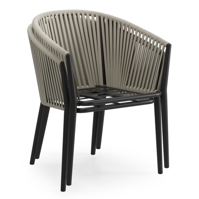 Orso tuinstoel in zwart aluminium en beige verticaal geweven rope met kussen in chartres pewter all weather sunbrella® luxe