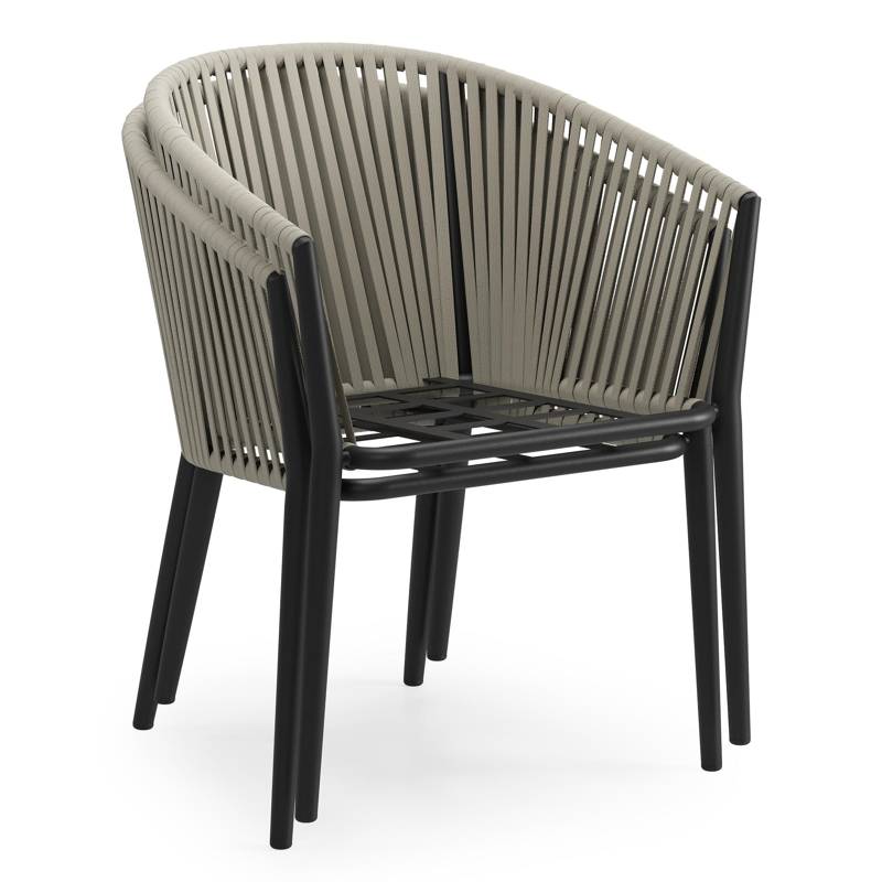 Orso tuinstoel in zwart aluminium en beige verticaal geweven rope met kussen in chartres pewter all weather sunbrella® luxe