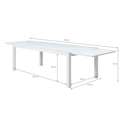 Calobra verlengbare tuintafel in wit aluminium en glas wit - L 220/330 x B 107 x H 75 cm