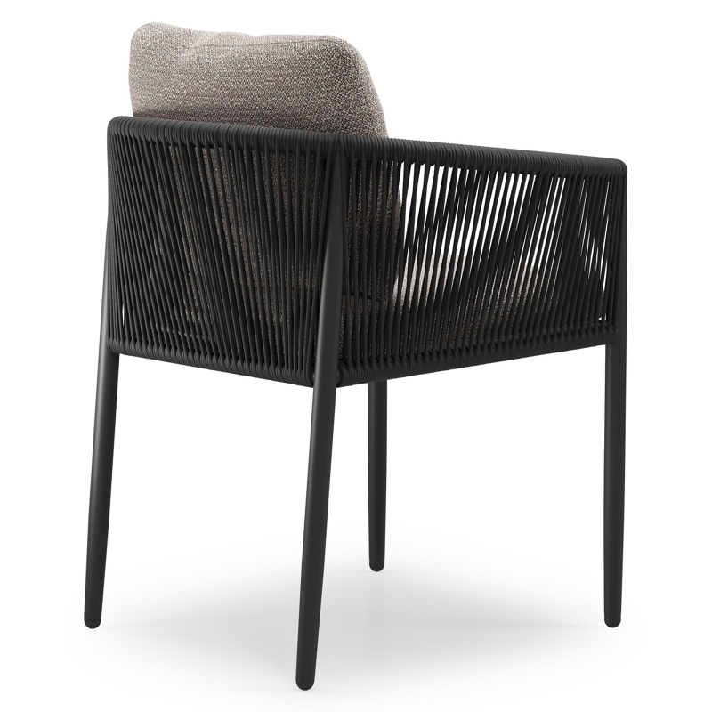 Organo tuinstoel in beige aluminium en beige verticaal geweven ronde rope met stoelkussen in All Weather Sunbrella® Luxe Wander Granite