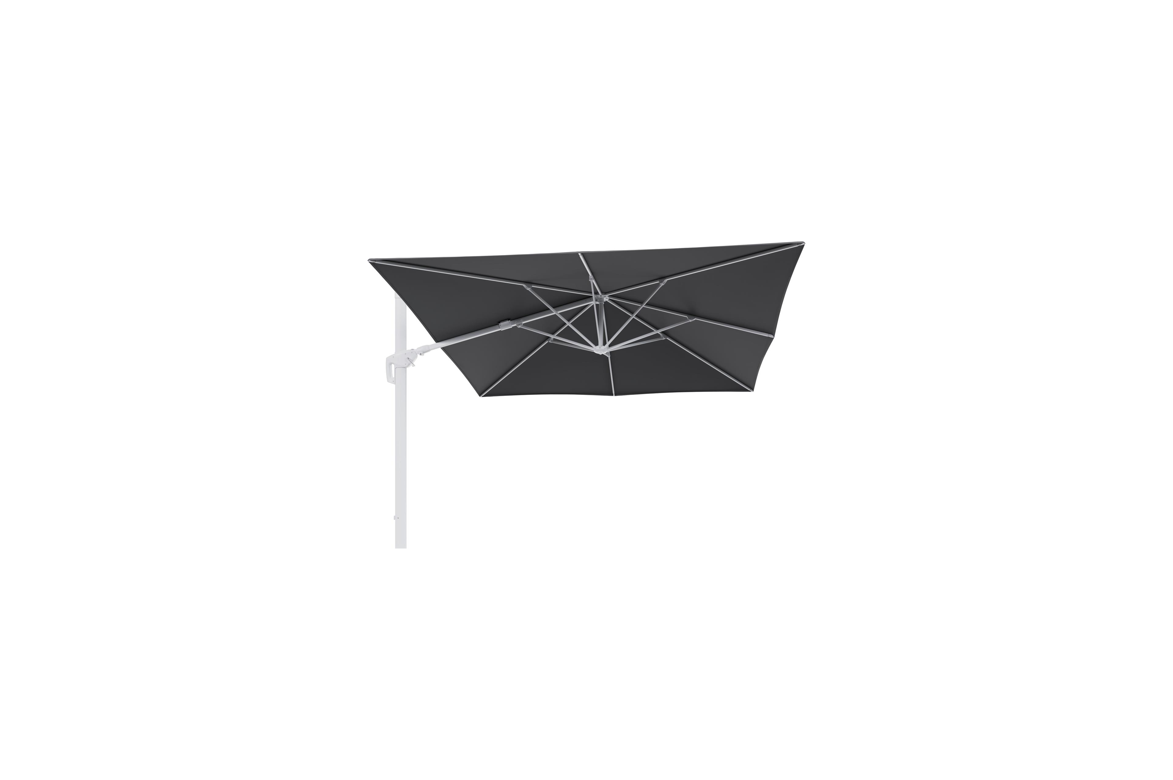 Minore zweefparasol met tiltfunctie in wit aluminium met natte charcoal chine all weather sunbrella® luxe parasoldoek - L1 350 x L2 350 cm (zonder voet)