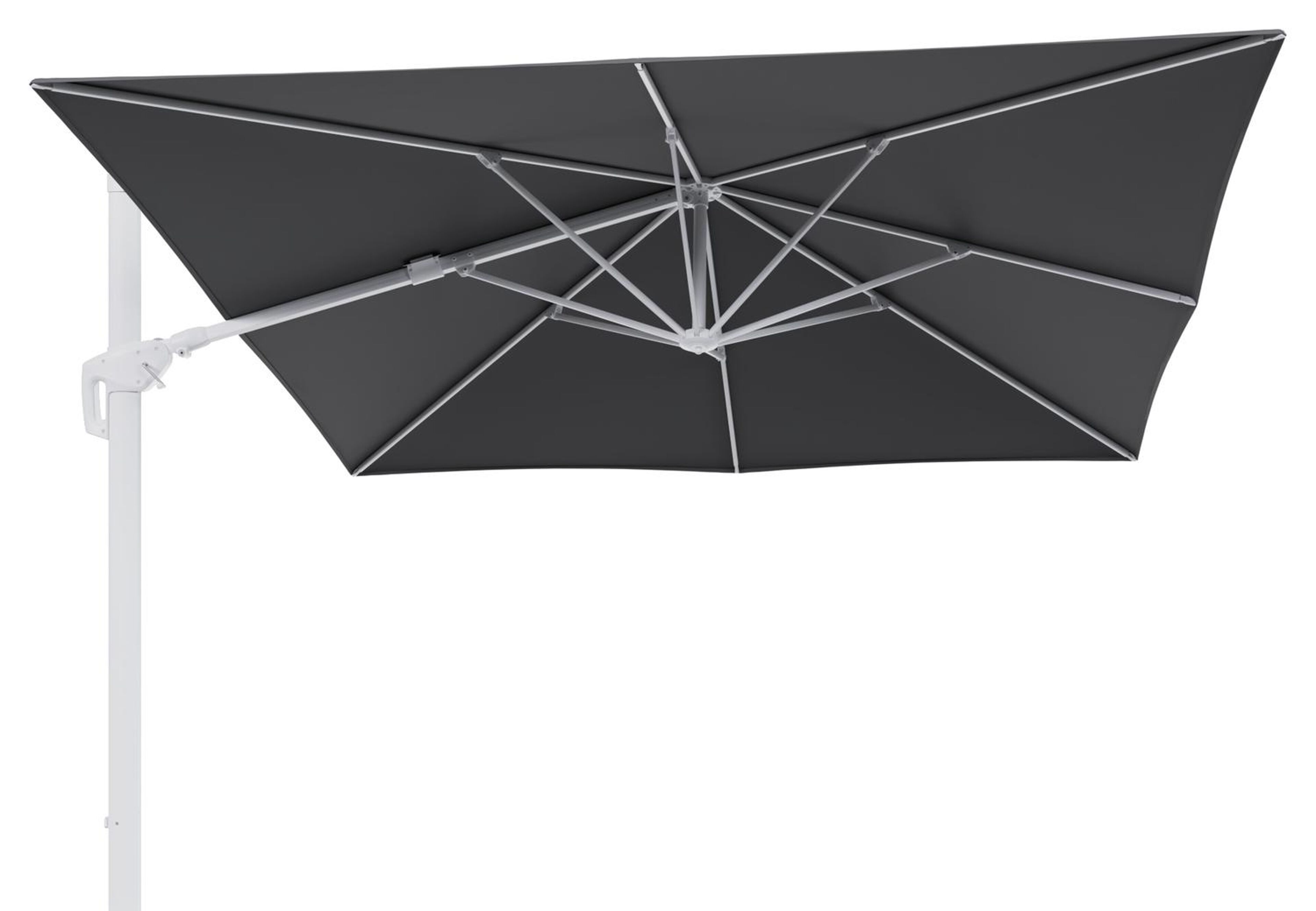 Parasol pendant Minore avec fonction tilt en aluminium blanc avec toile de parasol en all weather sunbrella® luxe natte charcoal chine - Larg1 350 x Larg2 350 cm (sans pied de parasol)