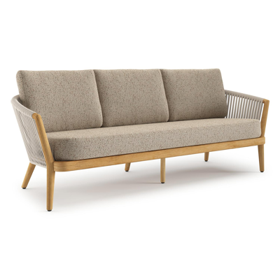 Orso loungebank in teak en beige verticaal geweven luxe vlakke rope met Bora Jungle all weather cosytica kussen
