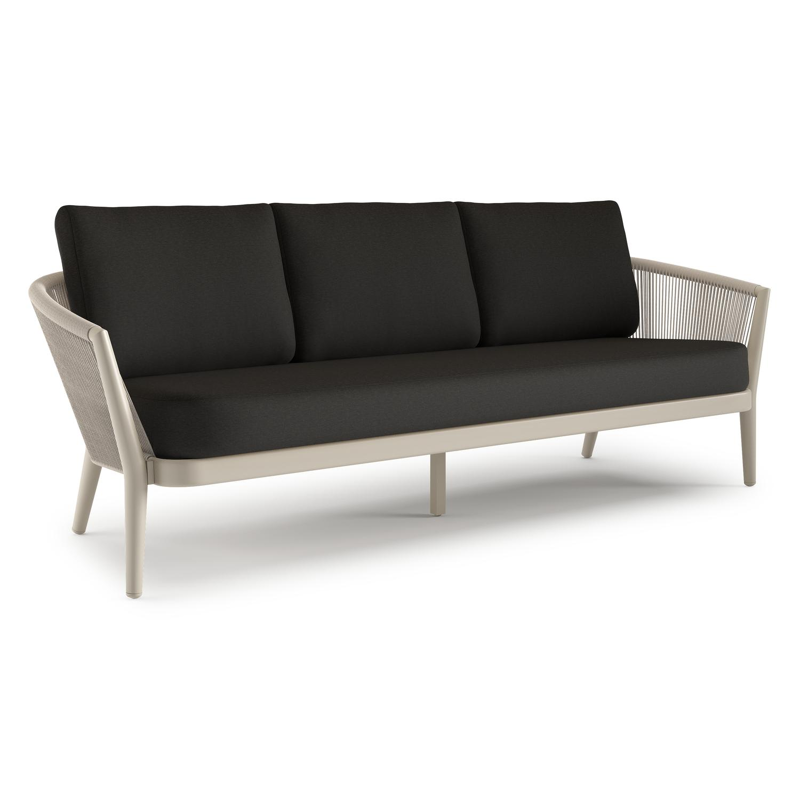 Canapé de jardin Orso en aluminium beige en corde ronde tissée verticalement beige et coussins en all weather sunbrella® luxe Heritage char