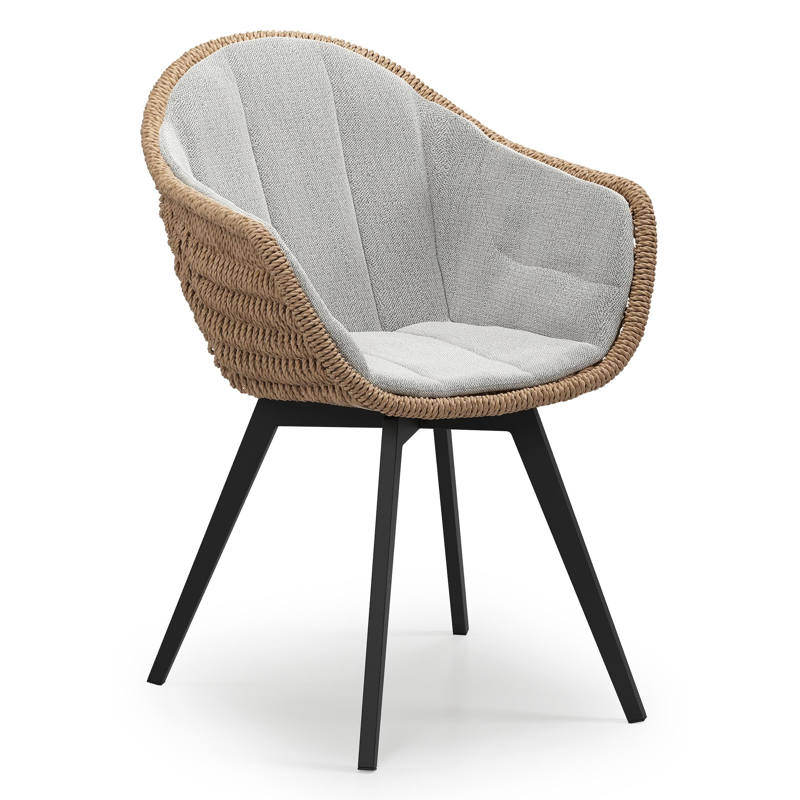 Pagino tuinstoel in zwart aluminium en naturel ronde wicker met zitkussen in All Weather Sunbrella® Luxe Savane Nimbus