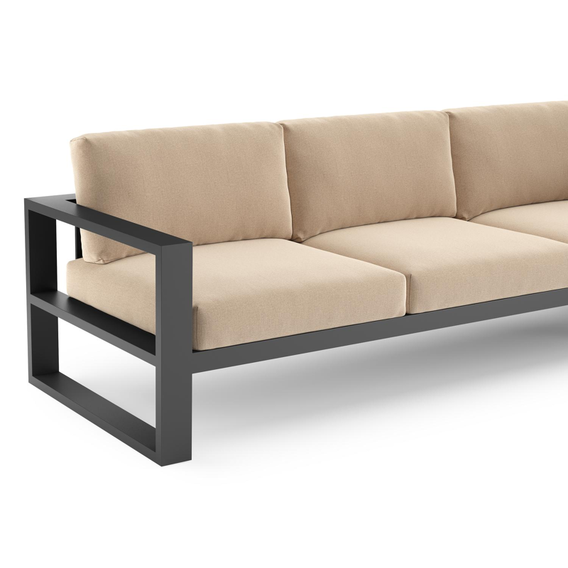 Verato loungehoek in zwart aluminium met natte heather beige all weather sunbrella® luxe kussen