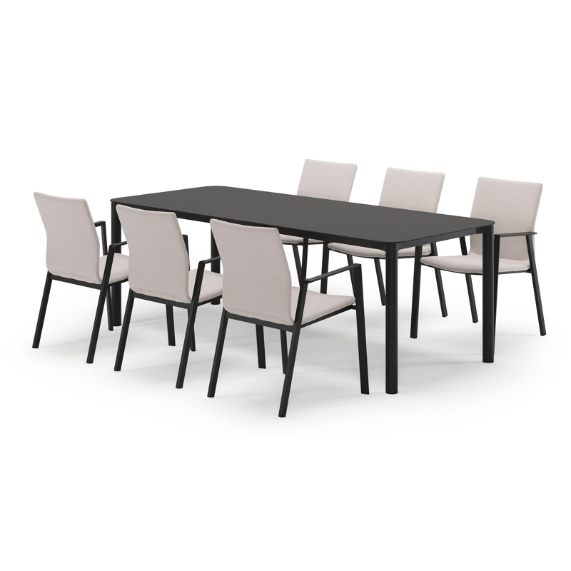 Mira rechthoekige afgeronde tuinset in zwart aluminium en sintered stone notte minerale met 6 Madura tuinstoelen