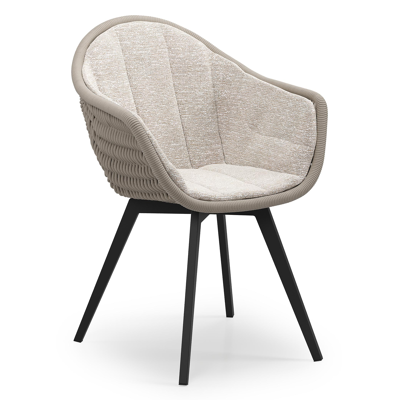 Pagino tuinstoel in zwart aluminium en beige verticaal geweven ronde rope met zitkussen in All Weather Sunbrella® Luxe Tundra Sand