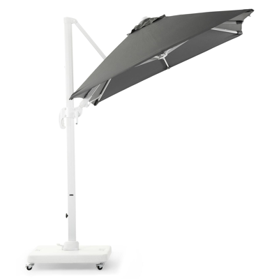 Avola zweefparasol met tiltfunctie in wit aluminium met grijs sunbrella® premium parasoldoek - L1 250 x L2 200 cm (met voet)