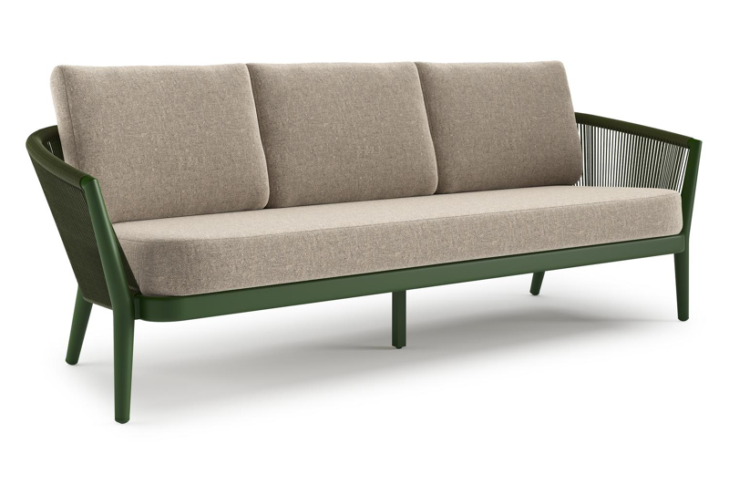 Orso loungebank in groen aluminium en groen verticaal geweven ronde rope met Chartres Pewter all weather sunbrella® luxe kussen