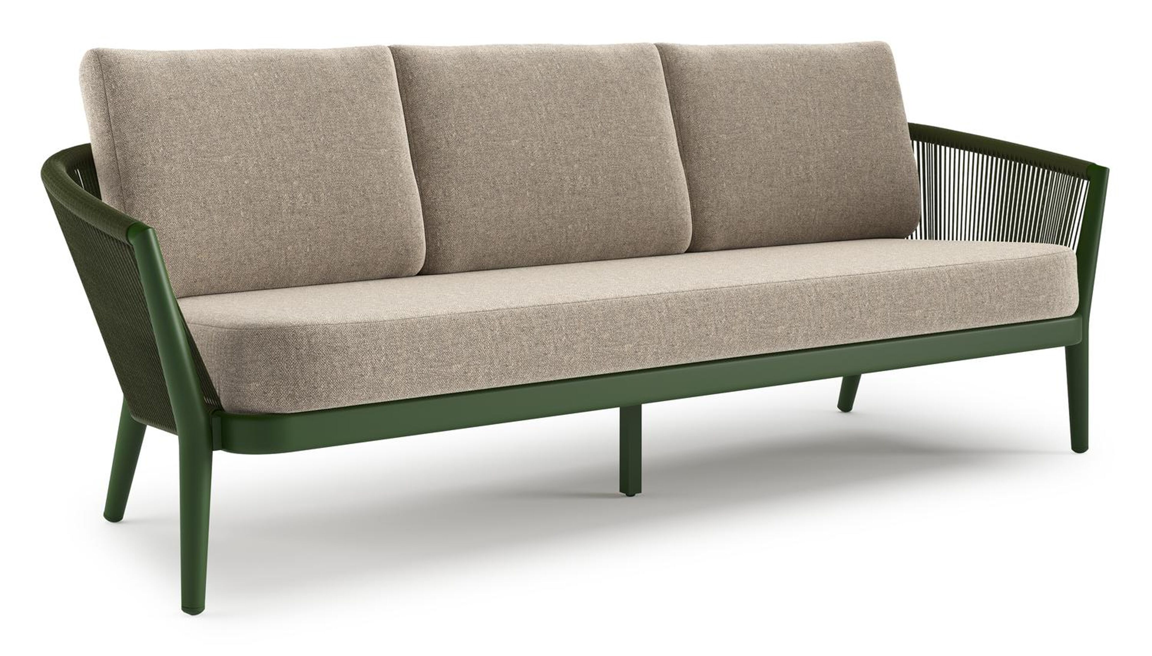 Canapé de jardin Orso en aluminium vert en corde ronde tissée verticalement vert et coussins en all weather sunbrella® luxe Chartres Pewter