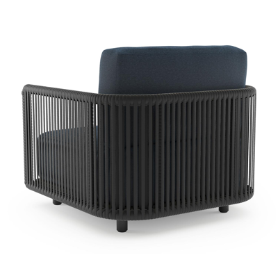 Organo loungestoel in zwart aluminium en zwart verticaal geweven luxe vlakke rope met heritage indigo all weather Sunbrella® luxe kussen