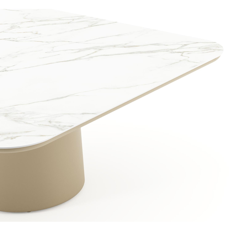 Amico low dining tuintafel afgerond vierkant in beige aluminium en volkeramiek Calacatta - L 148 x B 148 x H 61 cm