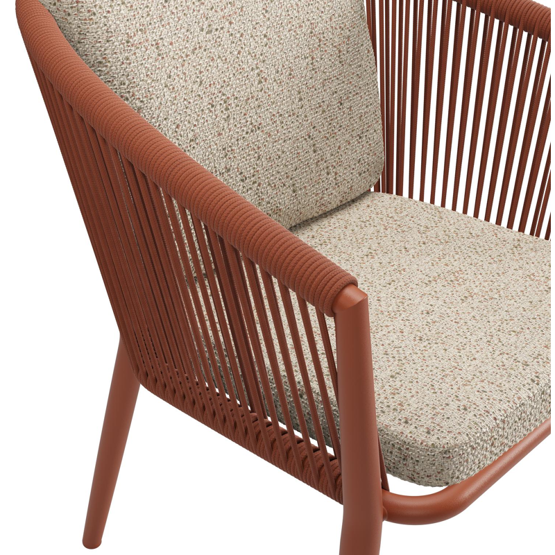 Chaise de jardin Orso en aluminium brun rouille et corde ronde tissée verticalement brun rouille avec coussin luxe en All Weather Cosytica Bora Jungle